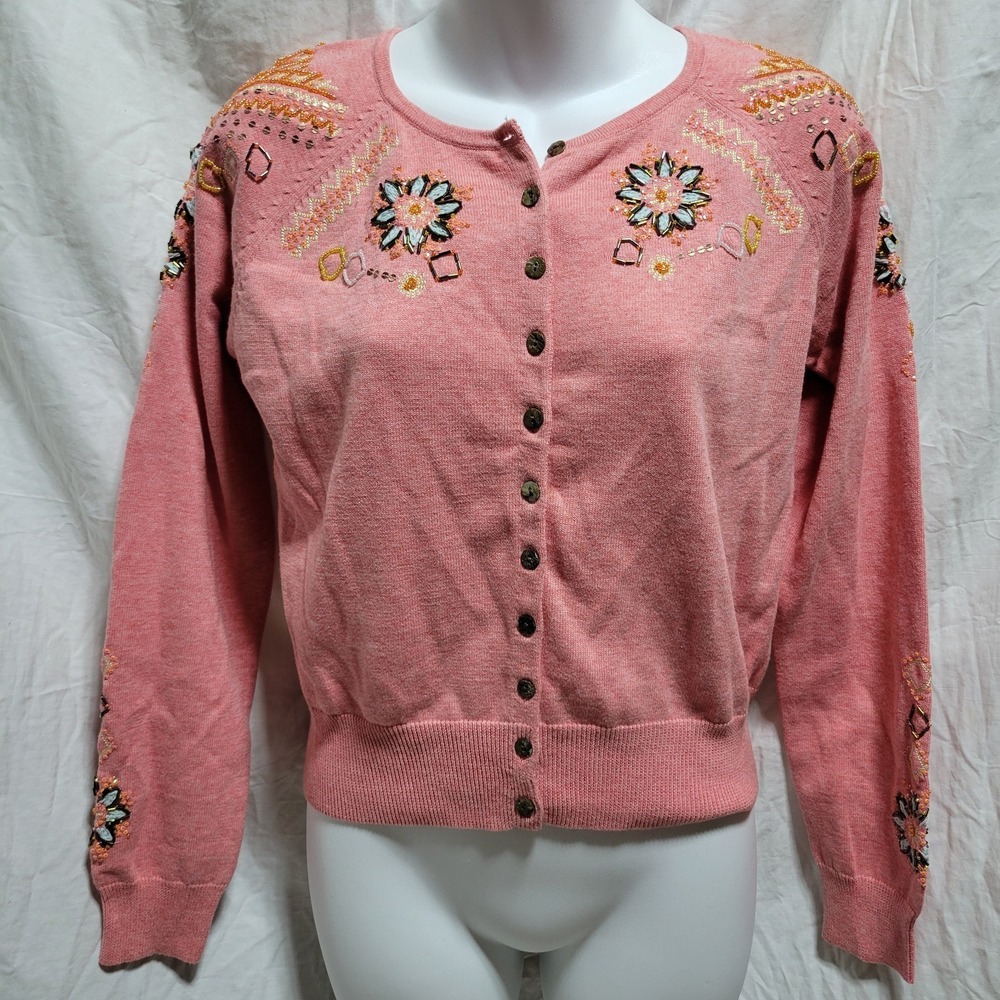 Sundance Cardigan‎ PS Pink Embellished Beaded Cottagecore Boho Romantic Artisian